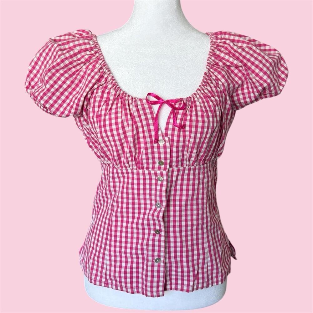German white & pink gingham cotton blouse with puffy sleeves and bow detail